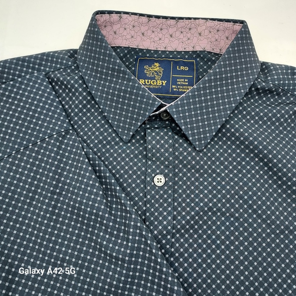 Rugby University Mens Navy Blue Geometric Diamond Print Stretch Dress Shirt LRG